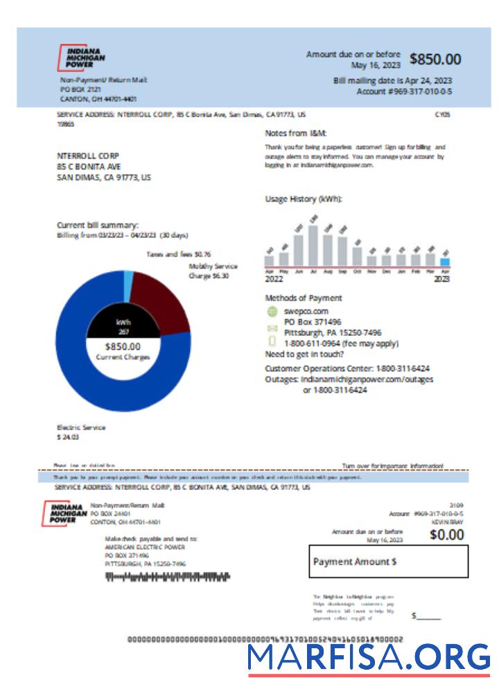 Printable Indiana electricity utility business bill, SCR sample